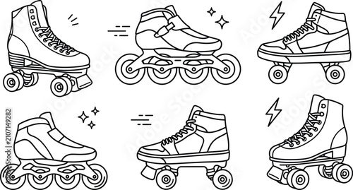 Foto Roller skates and inline blades vector icon set black outline doodle collection