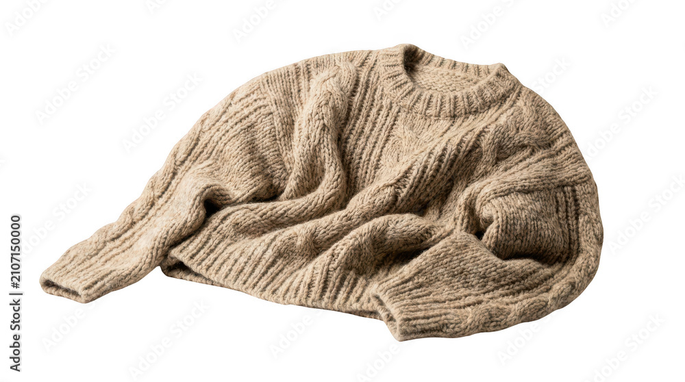 Fototapeta premium Beige cable knit sweater isolated on transparent background