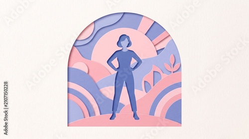 Paper cut art illustration of a confident woman standing with hands on hips in purple and pink colors representing National Women Equality Day and feminism concept with abstract background
