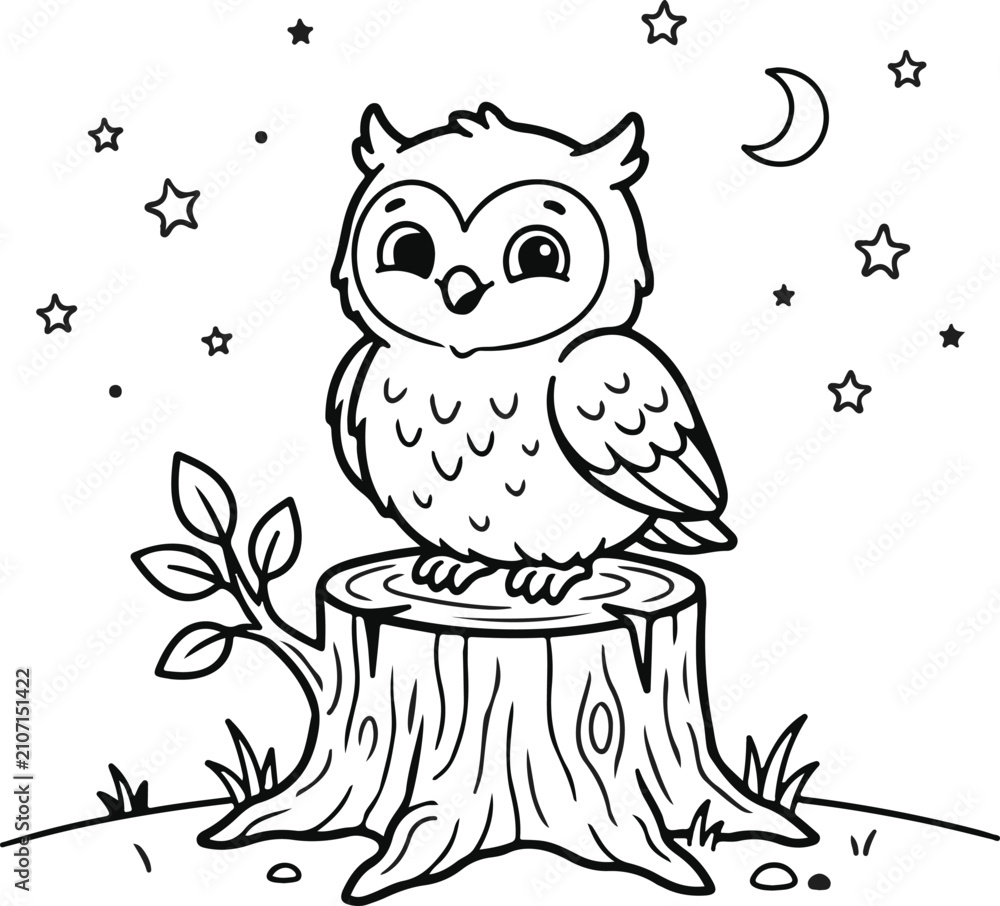 Fototapeta premium Cute cartoon owl sitting on tree stump with flowers. Adorable hand-drawn nocturnal bird illustration for kids and educational designs.