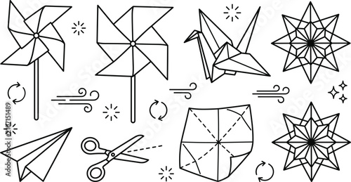Foto Origami Paper Craft and Pinwheel Toy Line Icon Set with Crane Paper Airplane For