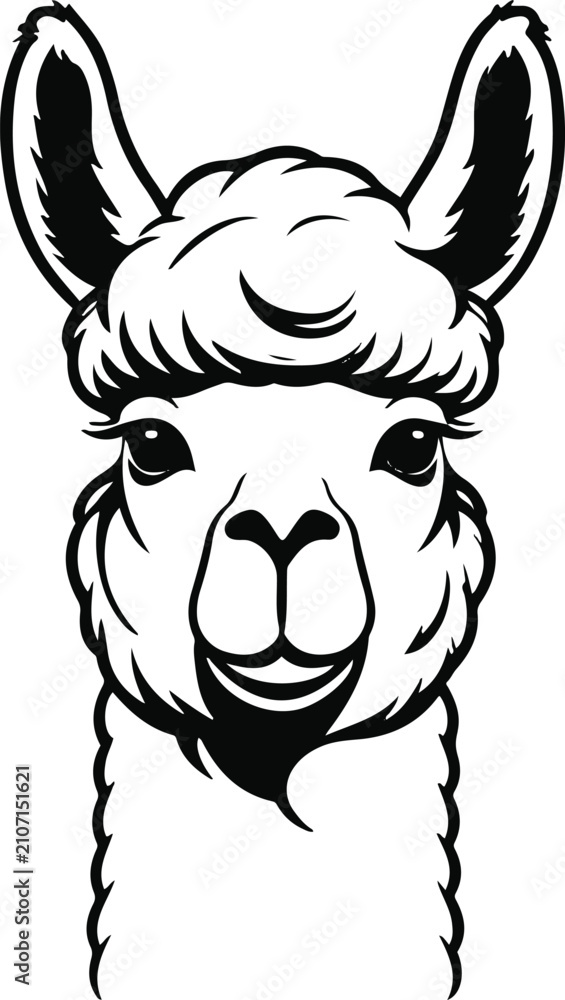 Fototapeta premium Minimal Alpaca Emblem, Bold Black Outline, Smooth Facial Geometry, Clean Lifestyle Vector