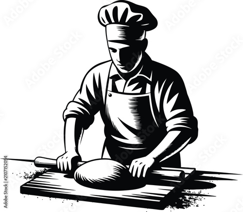 Silhouette of a male chef in a toque rolling dough on a wooden board isolated on white background in a vector illustration
