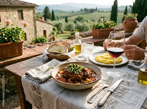 Delicious dinner with red wine and food on a rustic table overlooking the beautiful tuscan countryside. veal osso bucco