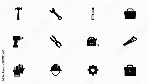 Принти на полотні Minimalist black hand tools and safety gear icon set on light background with cl