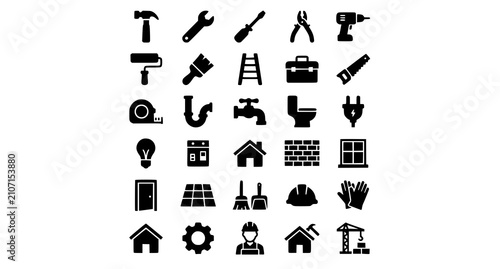 Solid House Repair Home Maintenance Vector Icon Set