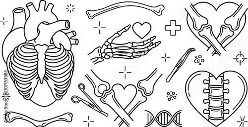 Quadro su tela Human anatomy and orthopedics icons set with skeletal bones rib cage heart spine