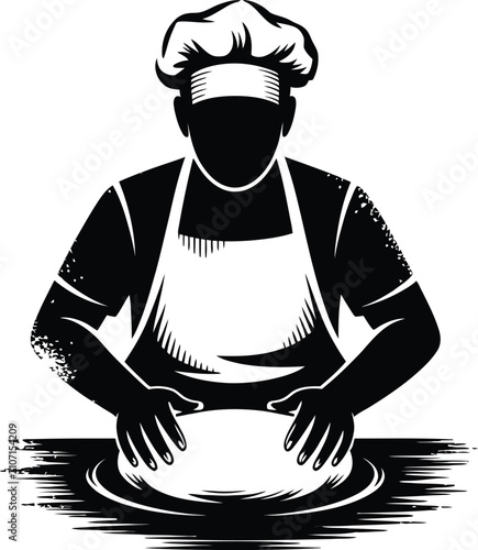 Black silhouette chef baking preparing dough on white background in stylized illustration