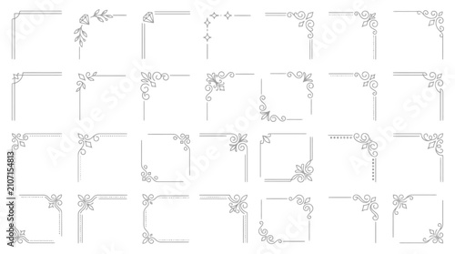 Minimalist floral corner borders, set of 28 elegant line art decorative frames, delicate black and white botanical ornaments for wedding invitations