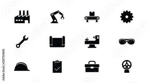Принти на полотні Flat vector icons set showcasing industrial machinery and tools for manufacturin