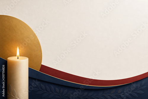 Elegant memorial candle background with gold circle and navy blue textures, mourning stationery template, funeral announcement card with copy space