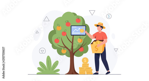 Farmer harvesting money coins from a growing tree with financial chart on screen, representing investment growth and financial success.