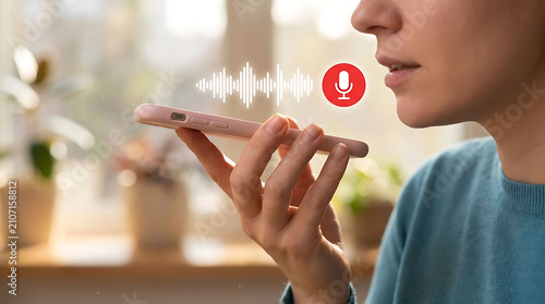 Woman using voice recognition command on smartphone to record message or audio