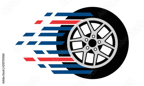 Modern motorcycle wheel and black tire with motion lines suggesting speed isolated on white background speed and transportation concept