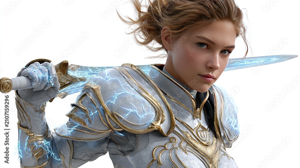 Obraz premium Warrior Woman with Glowing Sword: A determined young woman clad in shining armor, wielding a magical, crackling sword, embodies strength and readiness for battle.