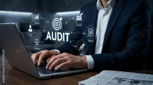 Businessman working on laptop analyzing corporate business audit statistics
