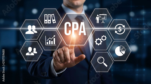 Businessman touching virtual screen presenting certified public accountant CPA business metrics