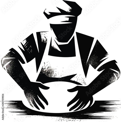 Silhouette of a baker in a hat and apron kneading dough on white background in a modern illustration style