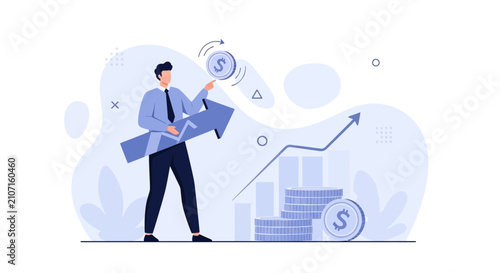 Man with Arrow and Coins Illustrating Financial Growth, Investment, and Business Success