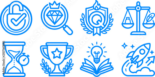 Set of business and finance icons, including security, quality, justice, time management, achievement, education, and startup