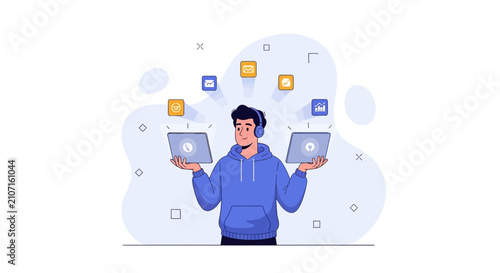 Person juggling technology, multitasking with laptops and digital icons, representing productivity and digital life.