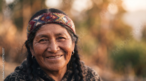 Portrait of an elderly indigenous woman with a traditional woven headband and braided hair, smiling warmly in a natural outdoor setting