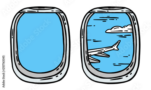 Hand-drawn vector illustration set showing the view from an airplane cabin window, depicting a wing and blue sky with clouds
