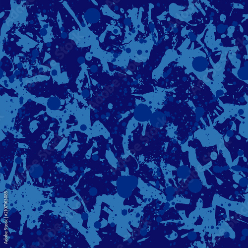 Abstract vector camouflage pattern in deep blue and light blue tones with splattered brushstroke texture.