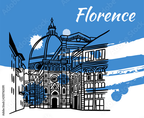 Line art drawing of Cathedral of Santa Maria del Fiore in Florence, Italy, architecture tourism landmark, travel destination illustration