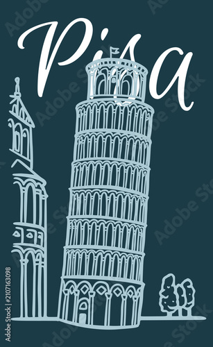 Line art drawing of The Leaning Tower of Pisa, Italy, architecture tourism landmark, travel destination illustration
