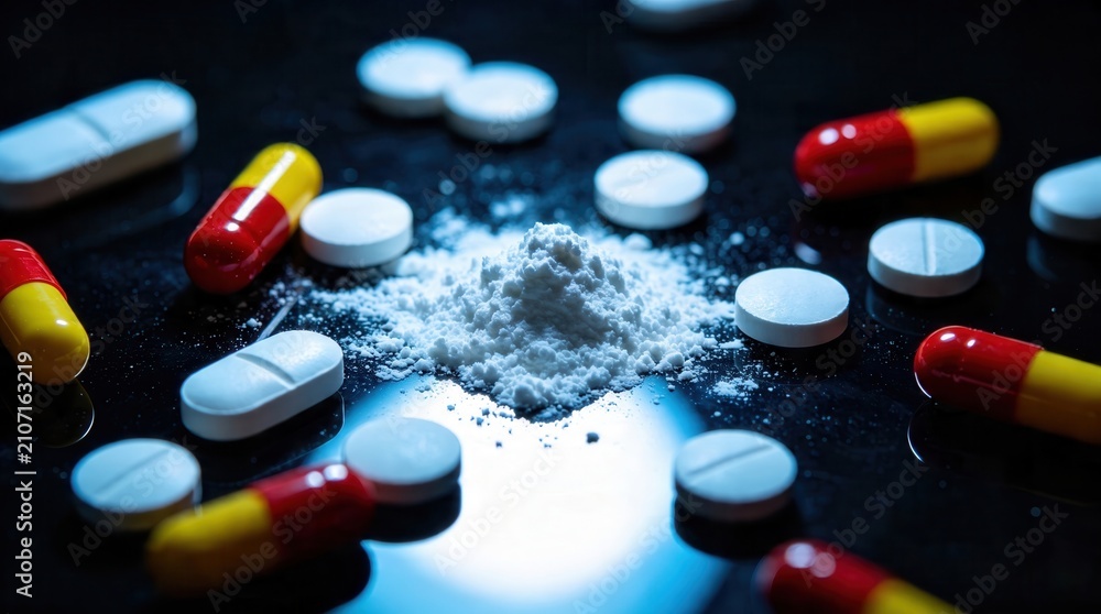 Fototapeta premium Illegal narcotics and pharmaceutical pills on dark background, white powder pile with red and yellow drug capsules, addiction and substance abuse concept