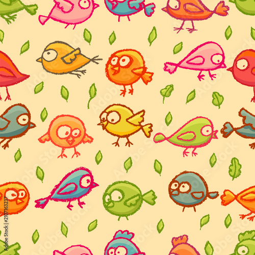 Seamless vector pattern of colorful little birds and leaves on a yellow background, cute animal print