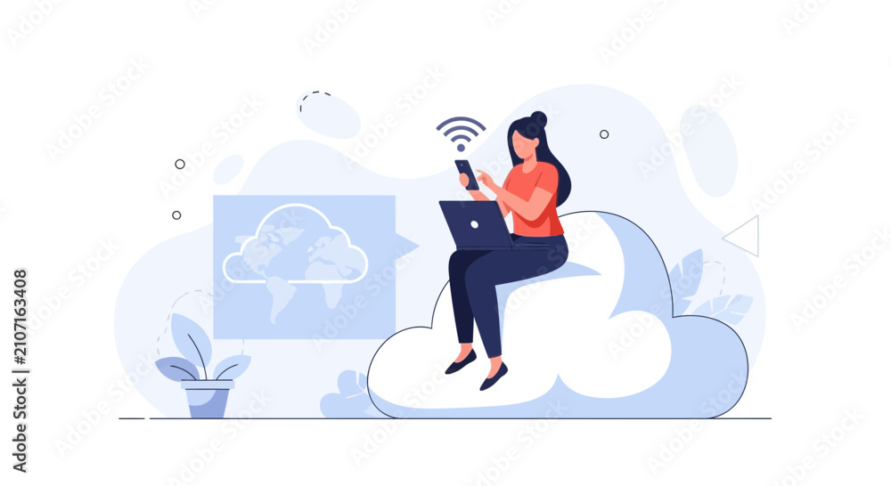 Obraz premium Woman using laptop and phone while sitting on a cloud, concept of cloud computing and global connectivity