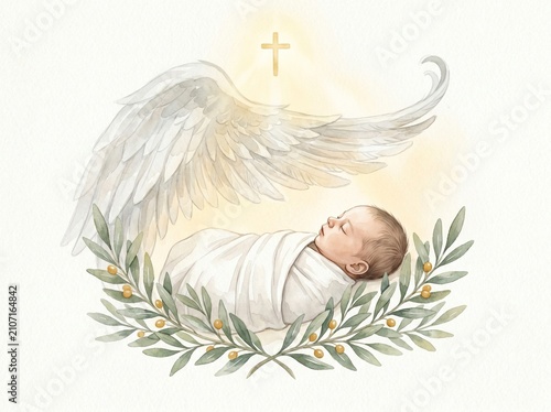 Newborn baby swaddled peacefully with angel wings and a cross  