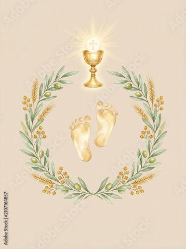 Golden chalice with footprints surrounded by a floral wreath  