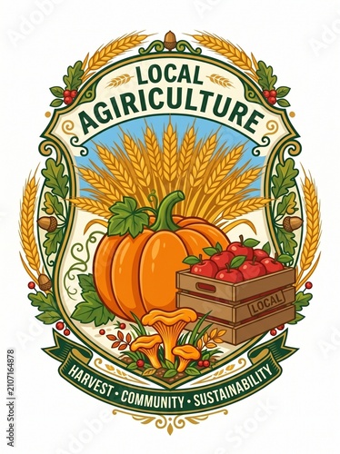 Local agriculture badge with pumpkin, apples, and wheat illustration  