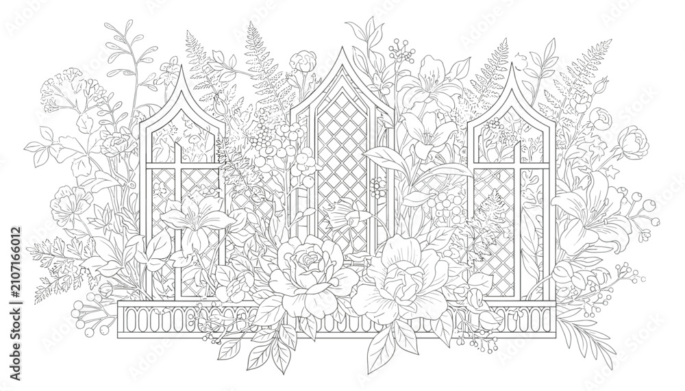 Fototapeta premium Intricate coloring page featuring gothic window arches surrounded by a lush bouquet of roses, lilies, and leafy garden plants.