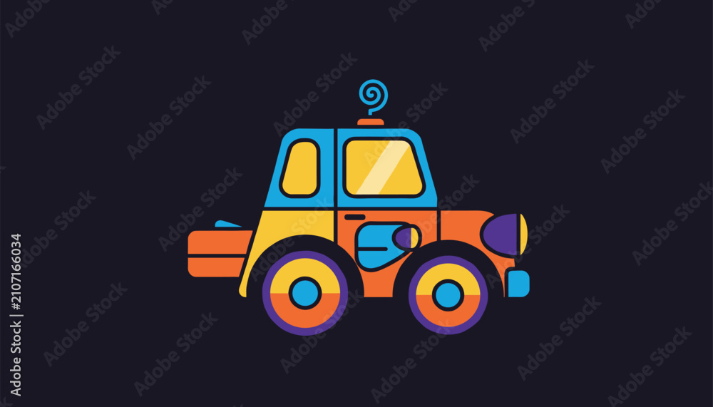 Fototapeta premium Bright colorful cartoon toy tractor with high-contrast geometric blocks on a solid dark navy blue background.
