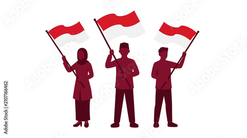 Indonesian people silhouettes holding national flags, patriotic citizens celebrating independence day, red and white flag waving vector illustration