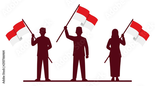 Indonesian people silhouettes holding national flags, patriotic citizens celebrating independence day, red and white flag vector illustration
