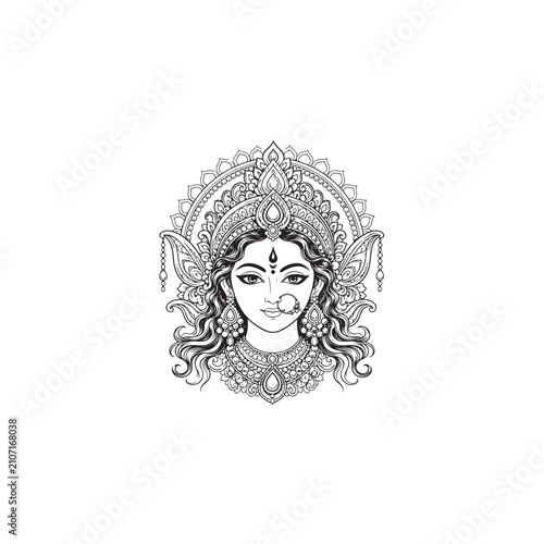 Line art illustration of Goddess Durga face
