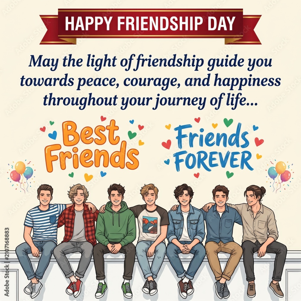 Fototapeta premium Happy friendship day greeting card featuring seven young men sitting in a row, with text overlays saying friends and friends forever, decorated with colorful hearts and balloons on a cream