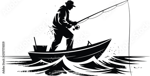 Silhouette of a man fishing on a boat with a rod and reel on water silhouette style isolated on white background for design