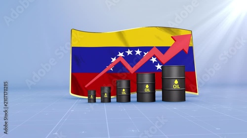 Venezuela Oil Price Rising with Oil Barrels Upward Red Arrow and 3D Financial Data Visualization Graphs for Economy and Business Concept