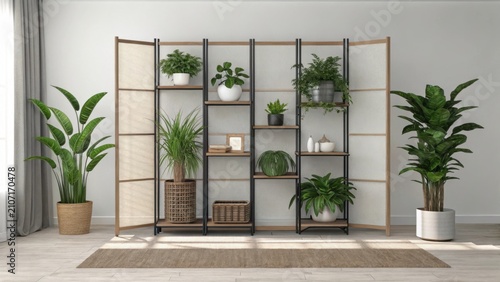 Indoor plants on a shelf and room divider in a modern interior setting