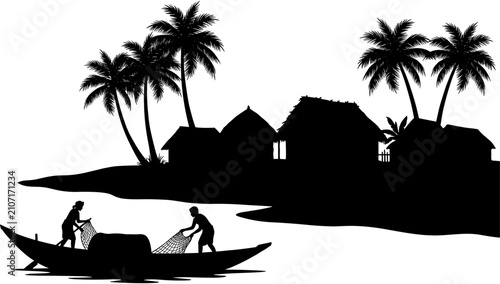 Foto Silhouette of traditional fishermen casting nets from a boat near a tropical village with palm trees and huts along shore