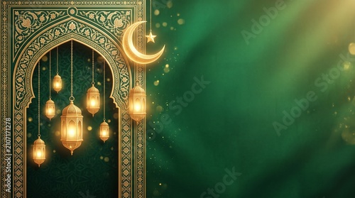 Ramadan lanterns glowing at night with crescent moon. Traditional Islamic festival decorations with warm golden lights.