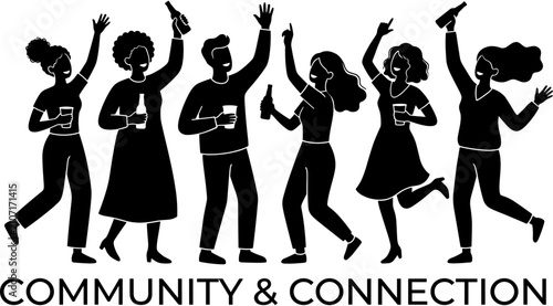 Diverse group of happy people celebrating together with drinks, representing community connection, social gathering, friendship, party, joy, inclusion, and togetherness.
