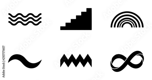 Canvastavla 70 Abstract Black Icons Set: Waves, Stairs, Rainbow Arch, Curve, Zigzag, Infinity Symbol