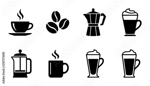 Canvastavla 70 Coffee Icons Set, Espresso Cup, Beans, Moka Pot, Latte Macchiato, French Pres